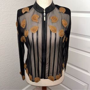 NATTO Real Leather Florette Detail Trim Mesh Zipper Front Long Sleeve Jacket